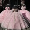 Pink Shiny Ball Gown Quinceanera Dress 2024 Appliques Lace Beads Tull Off Shoulder Sweet 15 16 Years With Cape Vestidos De XV Anos