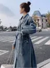 Spring Autumn Denim Trench Women Fashion Lapel Single Breasted Jacket Lady Vintage Pockets Laceup Long Jean Coat 240105