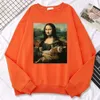 Kvinnors hoodies tröjor trend enkel kvinna tröja berömd målning mona lisa håll katt kreativitet tryck hoodies fleece mjuka tröjor lösa varma toppar