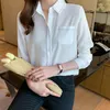 Kadın bluzları Kadın Beyaz Cepler Gömlek Kadın Günlük İşe Gidiş Gündelik Gevşek Bahar Uzun Kollu Moda Basit resmi hırka üstleri