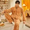 Men's Sleepwear Nightwear Pijamas Loungewear Turn-down Thicken Suit Zipper 2PCS Warm Sets Pajamas Winter Flannel Collar Home