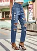 Women's Jeans Benuynffy Boyfriend Spring Summer Mid Waist Straight Leg Ripped For Women Streetwear Distressed Denim Pants