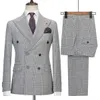 Grå check Mens Wedding Tuxedos dubbelbröst Slim Fit Pants Suits Formal Party Groom Wear 2 Pieces