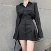 Повседневные платья, черное платье-рубашка Y2K, женское элегантное винтажное платье с длинным рукавом, сексуальный готический плиссированный уличный халат с отложным воротником