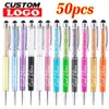 50 pçslote caneta esferográfica de metal cristal moda criativa stylus toque para escrever papelaria escritório escola presente personalizado gratuito 240105