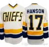 Film de coup de coutume pour hommes Charlestown en chef de hockey en chef Jerseys 17 Steve Hanson 18 Jeff Hanson 16 Jack Hanson 1 Denis Lemiux 3 Dave Killer 7 R