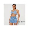 Damen Shorts Damen Sommermode Zweiteiliges Set Denim Lace Up Cut Top und Quastentasche Cargo Sexy Club Street Apparel Drop Deliv Dhdqf