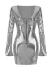 Сексуальные в роскошных блестках рисуют струну металлические v шея с длинным рукавом, кузнечное платье элегантное вечернее клубные платья 2023 240106
