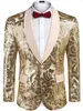 Giacca da uomo con glitter floreali in paillettes oro lucido con top formale da cantante con bottone singolo 240105