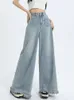 Jeans da donna Blu Flare Pantaloni denim da donna Tasche impiombate Streetwear Vita alta Nappa intera Moda Gamba larga Mop