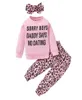 Crianças roupas de primavera 1824 meses roupas da menina do bebê rosa papai diz sem namoro topo calças leopardo com bandana conjuntos roupas 4663464