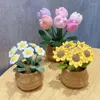 Decorative Flowers Hand Knitting Woolen Thread Potted Ornament Crochet Tulip Sunflower Flower Plants For Home Room Office Desktop Decor