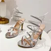Sandales cristal papillon mince talons hauts été mode strass serpent enroulé bride à la cheville sandale femmes luxe robe de soirée chaussures pompes