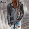 Kvinnor Fashion Hooded Top Grey Black Sticked Sweaters Female Long Sleeve Zipper Cardigans Ladies Streetwear Autumn Sweater 240105