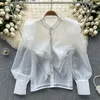 Blusas femininas y2k luz luxo babados camisa de manga longa malha elegante topo das mulheres blusa vitoriana branco
