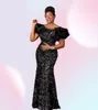 Black Sequins Mermaid Prom Party Dresses For Arabic Aso Ebi Style 2022 Off Shoulder Plus Size Sweep Train Evening Occasion Gowns V1675700