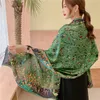 Sciarpa di seta di lusso verde militare Donna Primavera Stampato Scialli di uccelli Avvolge Lady Morbida Bandana Foulard Estate Pareo Stola Lunga Copricostumi 240106