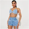 Damen Shorts Damen Sommermode Zweiteiliges Set Denim Lace Up Cut Top und Quastentasche Cargo Sexy Club Street Apparel Drop Deliv Dhdqf