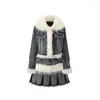 Work Dresses Xgoth Retro Denim Skirt Set Fur Neck Patchwork Thickend Short Coat Sweet Girls Pleated Half Korean Style Female Outfit