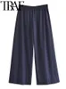 Traf mode överdimensionerad solid båge kvinnor blue kostyer lös skjorta hög sväng ner krage topp kvinnliga breda byxor set sommar 240106