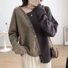 女性韓国のゆるいボタン非対称スプライスされたセーター秋の冬の女性服カジュアルオールマッチスキューカラーニットトップ240105