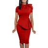 Casual Summer High Quality Bow O Neck Short Sleeve Slim Midi Dress Lady Bodycon Office Work Dresses for Women Professional 240105