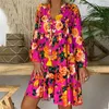 Women Botanical Flower Print Dress Loose Button Halfsplit Neck Long Sleeve Big Hem Dresses Elegant Female Office Gown 240106