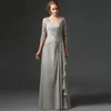Nowy srebrny 2024 Sukienki Mother of the Bride A-Line Half Rleeves Szyfonowe koronki Plus Długie eleganckie suknia weselna pary groom YD