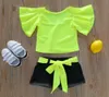 Conjuntos de roupas de verão para meninas, cor fluorescente, manga curta, tops, shorts jeans, roupas de menina, t2006131545915