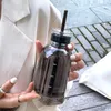 Bottiglia d'acqua in vetro stile Ins Scala temporale Tazza da caffè Doppio tappo Bicchieri a prova di perdite con coperchio e manica per tazza in pelle di paglia 240105