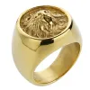Men Ring Punk Gold Black Lion Ring 14 Gold Biker Round Animal Rings Jewelry for Men US Size 7-14