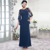 Marineblaue Kleider für die Brautmutter, Chiffon, A-Linie, bodenlang, langes Abendkleid, Ballkleider, eleganter Stil, Tüll mit Applikation, Cape YD