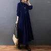 Casual Kleider 2024 Herbst Koreanische frauen Tragen Große Wärme Cord Flip Neck Langes Kleid Für Frauen