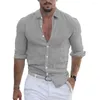 Camisas casuais masculinas lapela camisa masculina elegante fino ajuste manga longa respirável tecido macio com colarinho virado para baixo para escritório