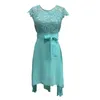 Casual Dresses Solid Color Dress Elegant Lace Evening With V-shaped Back Belted Waist For Prom Party Retro Style Short Sleeve Midi