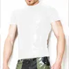 Herren-T-Shirts, Männer, Wetlook, PVC-Leder, Slim-Fit-Oberteile, hoher halber Ausschnitt, kurze Ärmel, Hemd, lässig, Kostüm, Muskel-Enge-T-Shirt, Streetwear, Party