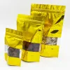wholesale 100pcs Stand up Glossy Gold Window Zip Lock Bag Resealable Golden Heat Sealing Sugar Kitechen Supplies Ground Coffee Corn Snack ZZ