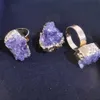 Band Rings 6pcs Vintage Gold color Amethysts cluster Stone Resizable Rings Charms Adjust Copper Open Hammered Cuff for Woman jewelry makingL240105