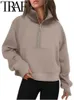 Traf 2023 outono inverno feminino esportes meio zip yoga terno solto gola mais camisola de pelúcia hoodies quente casual rosa 240105