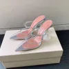 Crystal-embelled Transparenta Mule Slippers för sommarspetsade tå klackar silver läder sandaler lyxdesigner skor fest klackar