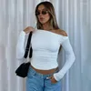 Women's T Shirts Women One Shoulder Tops 2024 Spring Casual Long Sleeve Ruched Shirt Sexy Slim Crop Top Woman Fashion Pink Tight Basic