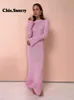 Female Pink Sweet Crochet Knitted Dress Elegant Long Sleeve Round Neck Maxi Dresses 2024 Spring Fall Ladies Commuting Vestidos 240106