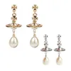 Studörhängen Western Empress Dowager Silver Saturn Vatten droppar Långt mousserande Diamond Crystal Ear Studs Klipp Två Wear Style Fashion för kvinnor smycken RRM6