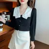 Kvinnors blusar 2024 Spring och Autumn Fashion Elegant Doll Neck Knapp Korean Långärmad Slim Fit Chiffon Shirt Cardigan Tops