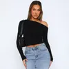 Women's T Shirts Women One Shoulder Tops 2024 Spring Casual Long Sleeve Ruched Shirt Sexy Slim Crop Top Woman Fashion Pink Tight Basic