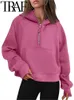 Traf 2023 outono inverno feminino esportes meio zip yoga terno solto gola mais camisola de pelúcia hoodies quente casual rosa 240105