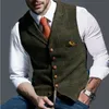 Mäns avslappnad klassisk kostym Vest V Neck -Herringbone Tweed Slim Fit Business Waistcoat för bröllopslapleget Plaid 240105