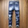 Jeans blu lavati alla moda di design da uomo Pantaloni jeans da motociclista in denim skinny effetto consumato graffiato 265T