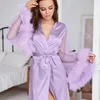 Jackets Lace Sleeve Robe Women Satin Feather Patchwork Bathrobe Kimono Gown Long Summer Nightgown Sleepdress Loose Bride Loungewear