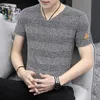 Plain T Shirt Men Summer Top Vintage Streetwear Knitted Black T Shirt V neck Short sleeve Tee Casual Plus size 240106